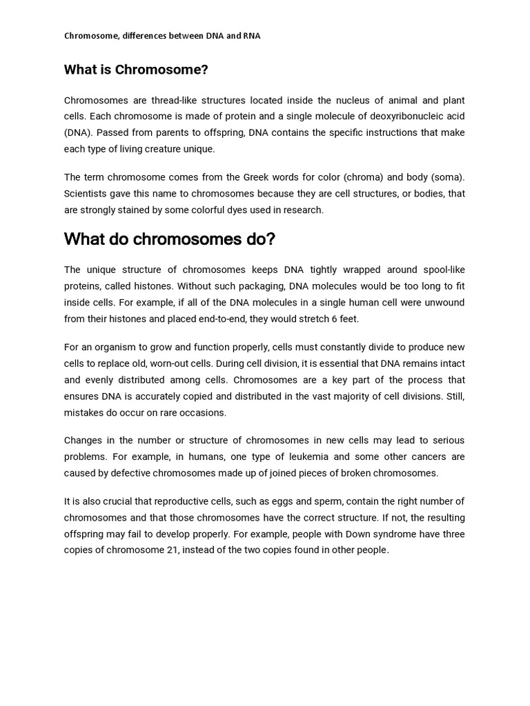 Chromosome, DNA, RNA | PDF | Dna | Rna