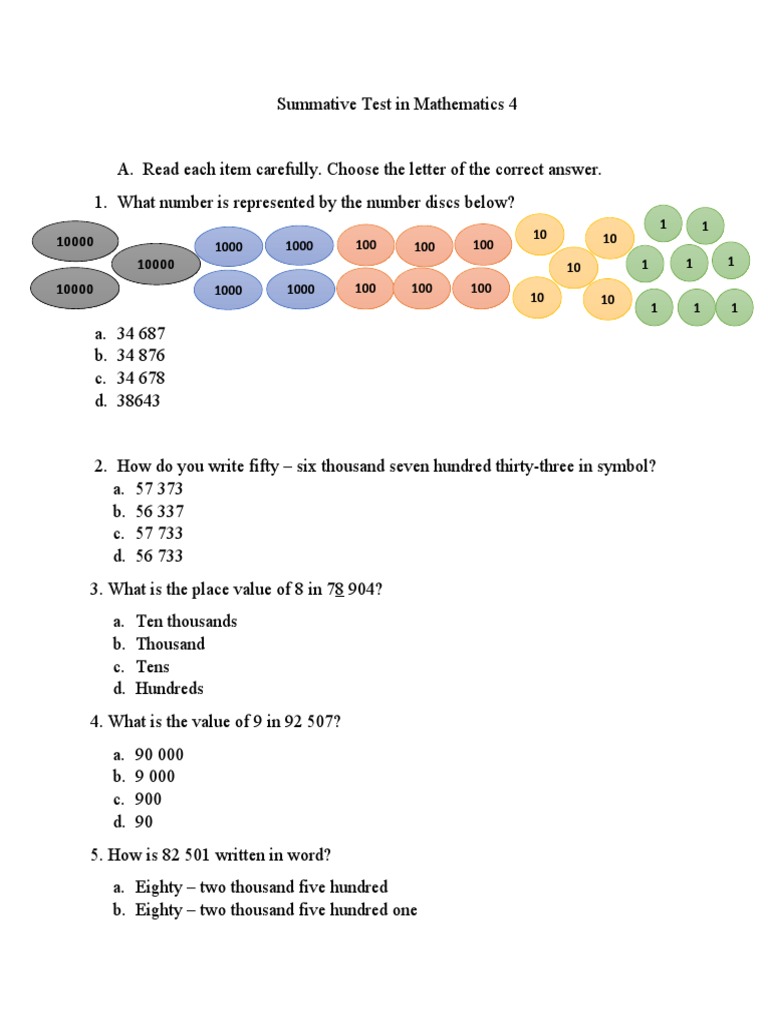 Numeration Exam for Grade 4 Math | PDF | Numbers | Notation