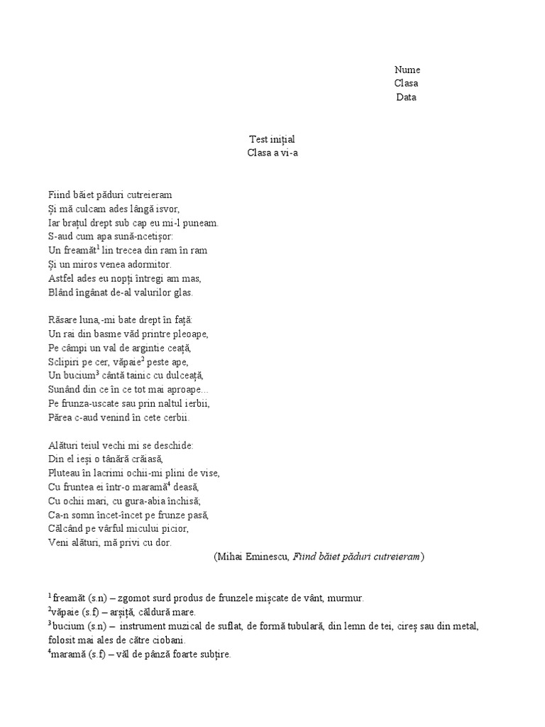 Test Initial Clasa A 6-A | PDF