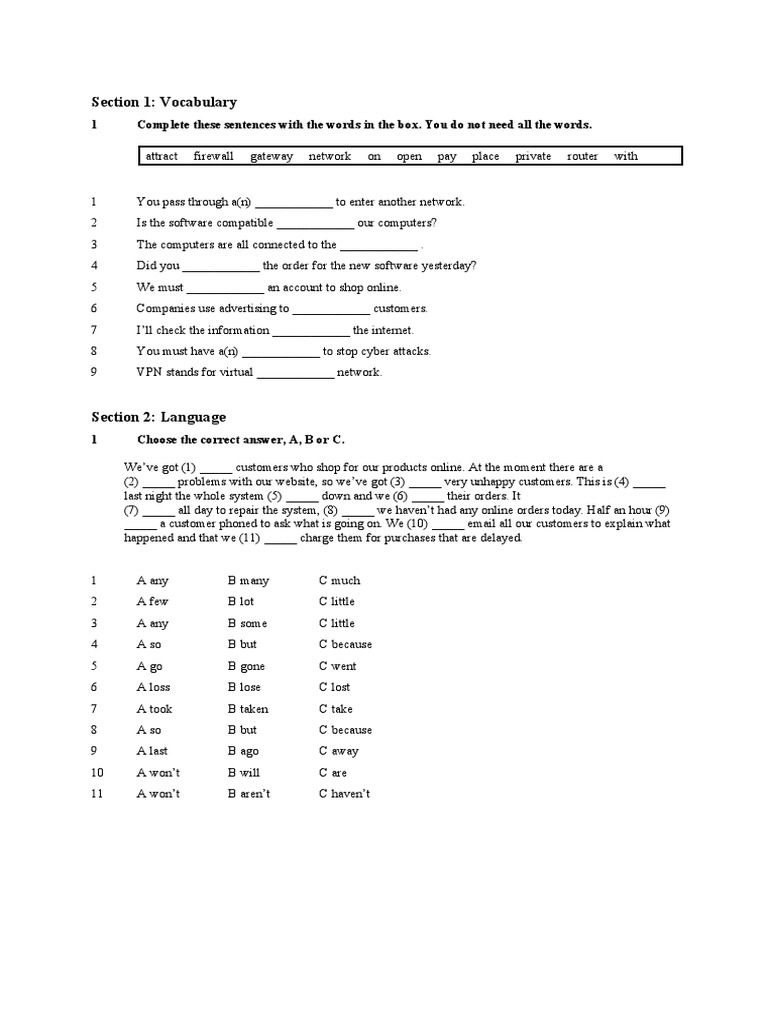 Networking Fundamentals Completing Sentences with Key Terms and