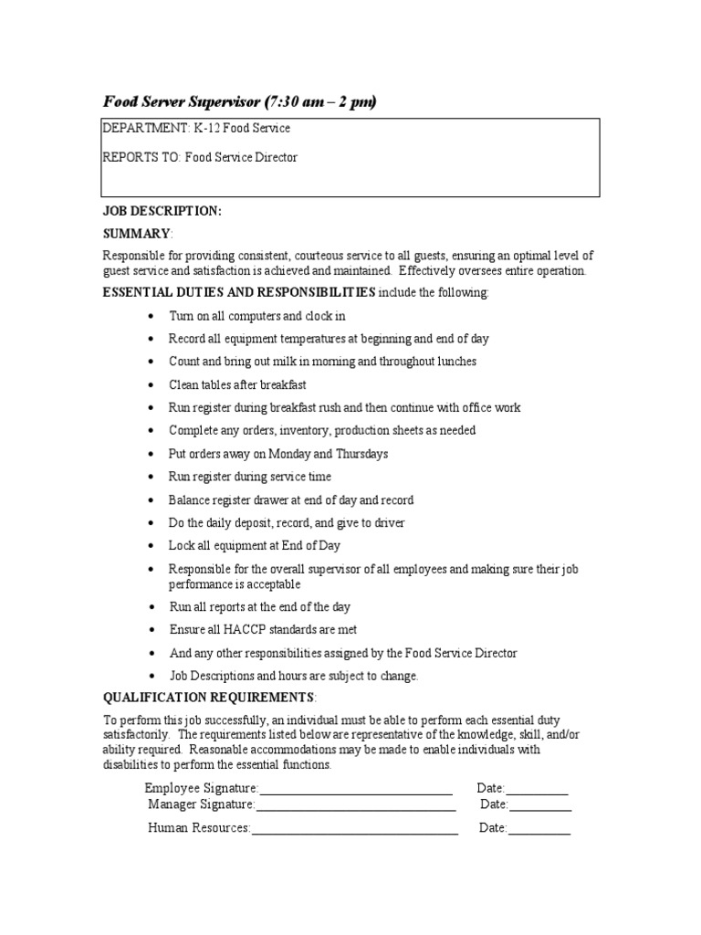 Lead Supervisor Job Description PDF