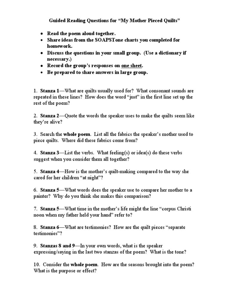 Guided Questions for "My Mother Pieced Quilts" | PDF | Language Arts & Discipline | Poetry