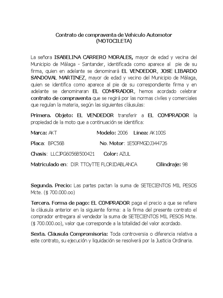 Contrato de Compraventa de Motocicleta | PDF | Finanzas y dinero