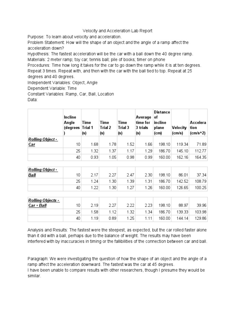 Velocity and Acceleration Lab Reportt PDF Acceleration Velocity