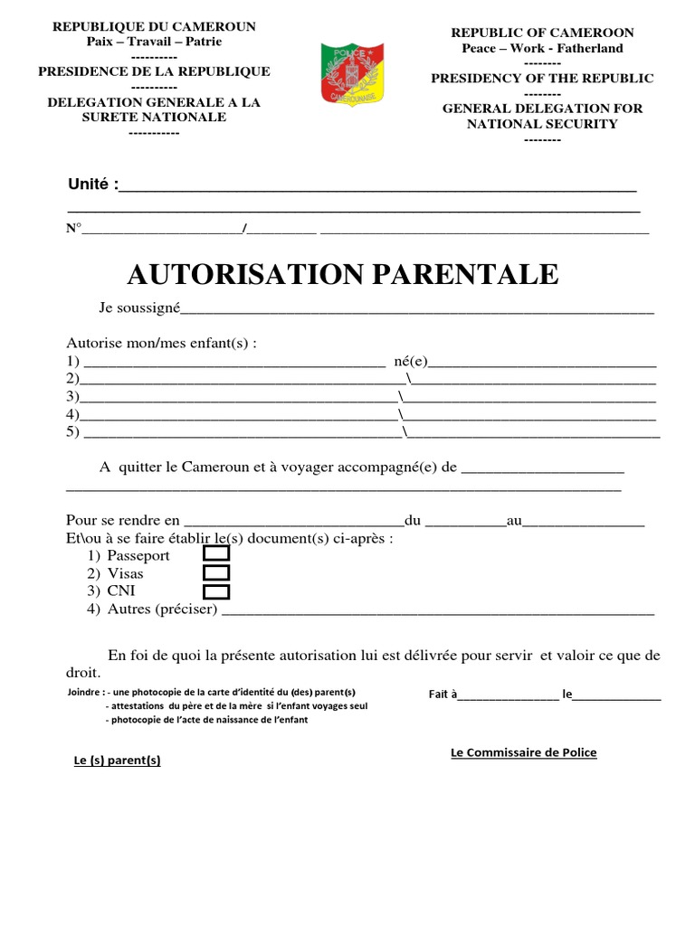 Autorisation parentale pour voyage au Cameroun | PDF