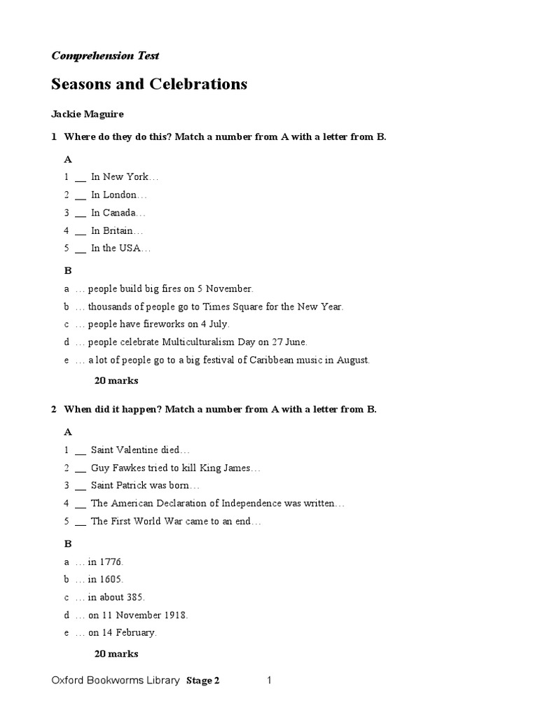 Seasons and Celebrations Comprehension Test PDF Guy Fawkes Christmas