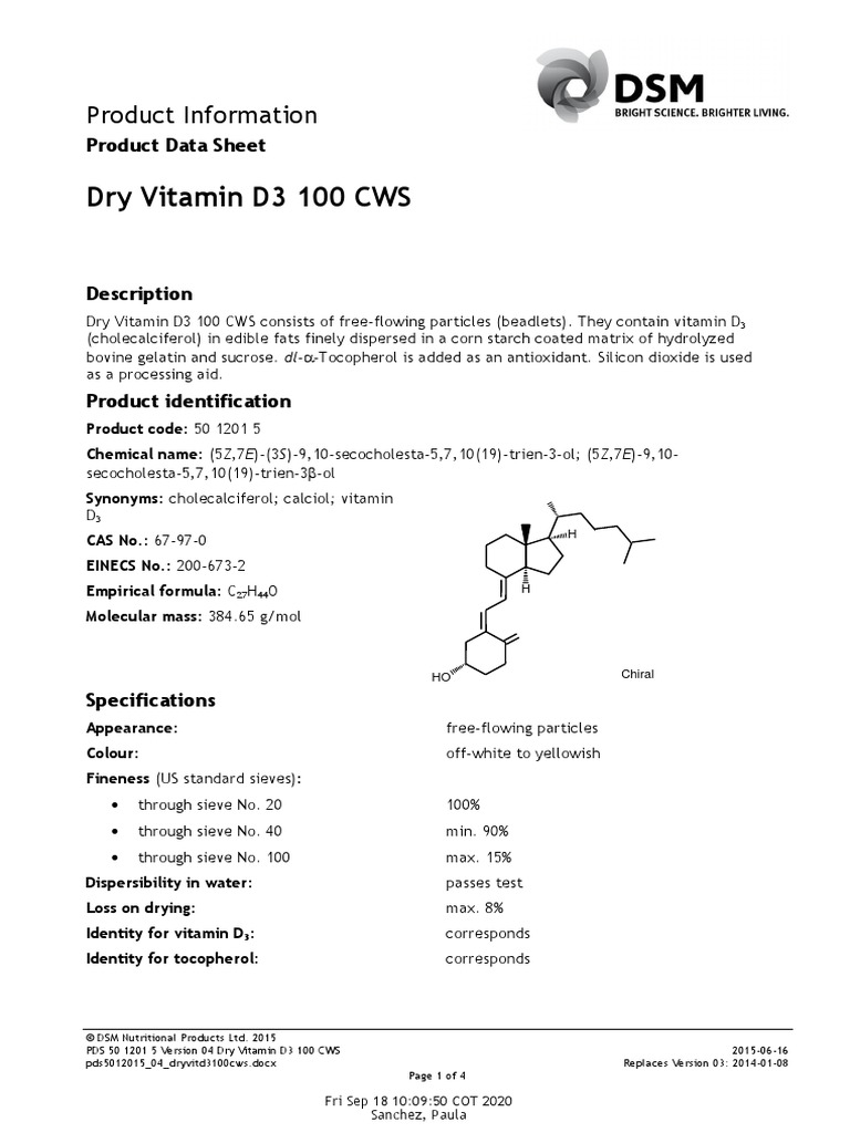 PDS Dry Vitamin D3 100 CWS PDF Vitamin Food And Drink