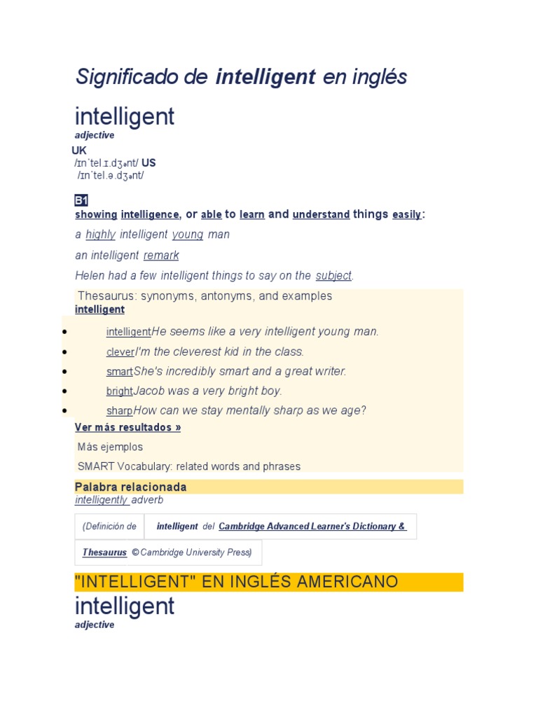 Intelligent: Significado de Intelligent en Inglés | PDF
