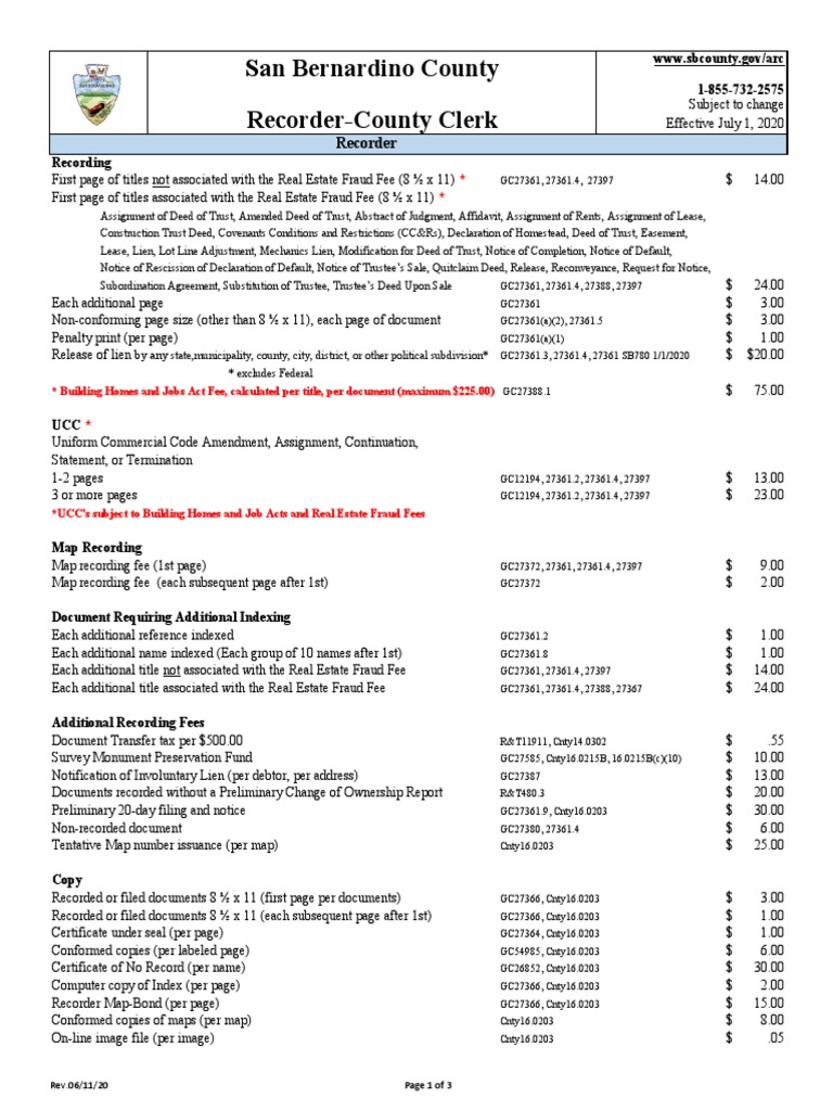 San Bernardino County Recorder Fees | PDF | Covenant (Law) | Deed Of ...