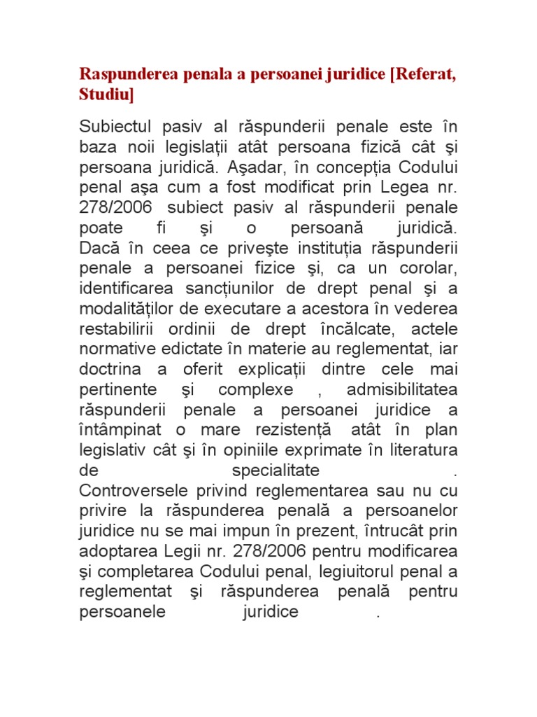 Raspunderea Penala A Persoanei Juridice - Doc Ref | PDF