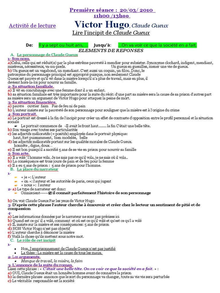Questionnaire Les Misérables Avec Correction Pdf Claude GUEUX Passage 1 Incipit Correction | PDF | Victor Hugo | Pauvreté