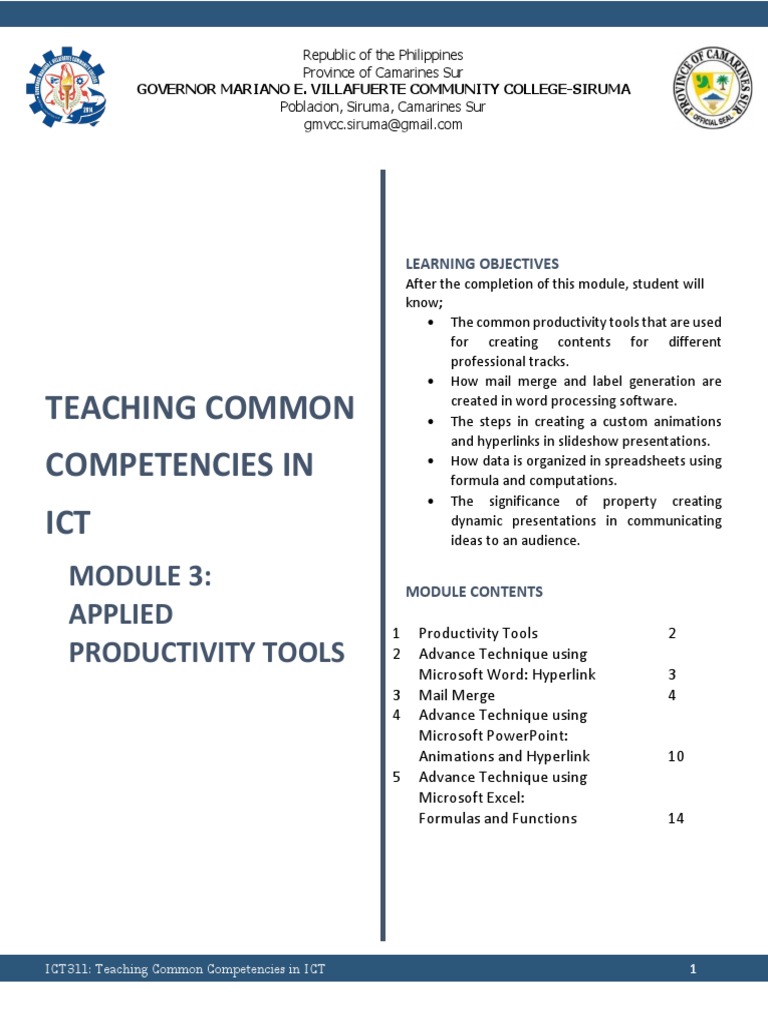 Teaching Common Competencies in ICT Applied Productivity Tools