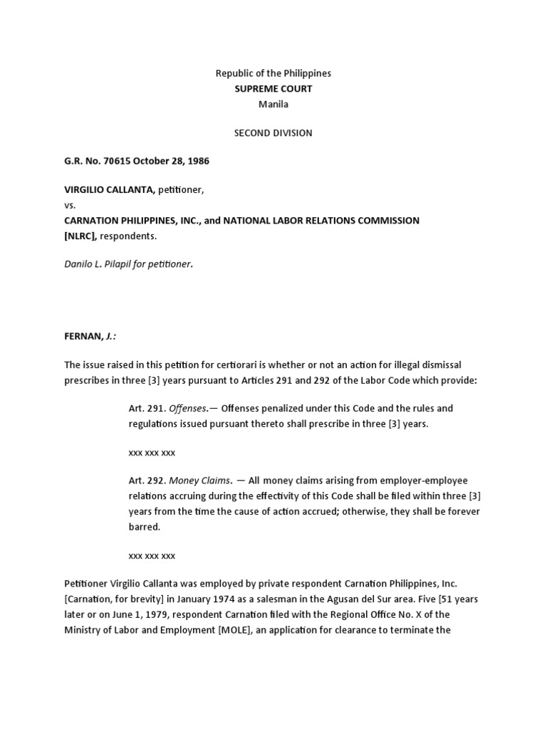 Callanta Vs Carnation FC PDF Statute Of Limitations Crime & Violence