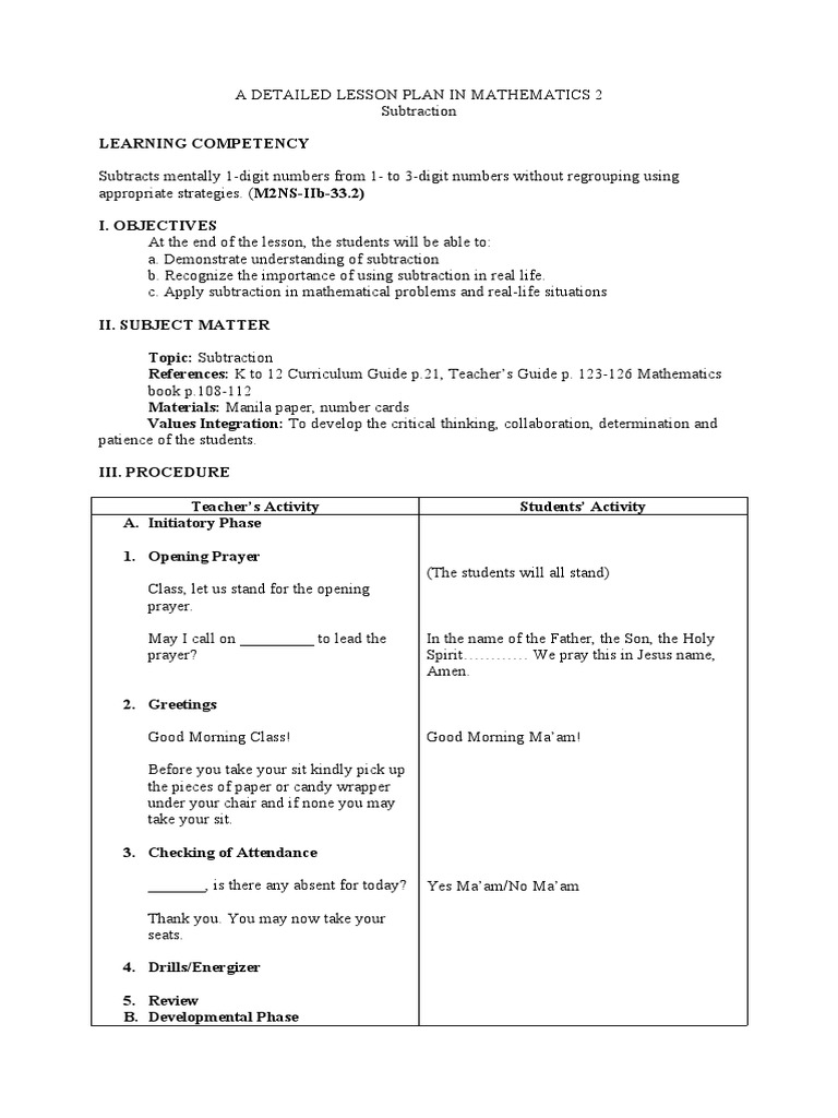 Grade 2 Subtraction Lesson Plan | PDF | Career & Growth