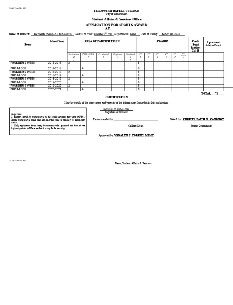 Student Affairs & Services Office Application For Sports Award PDF