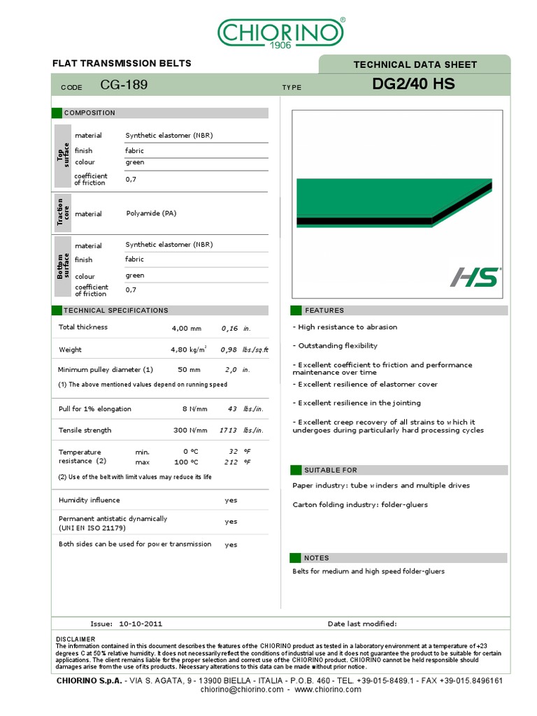DG2/40 HS Flat Transmission Belts Technical Data Sheet PDF Belt