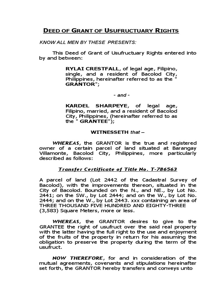 Sample Deed of Usufruct Over A Real Property | PDF | Deed | Covenant (Law)