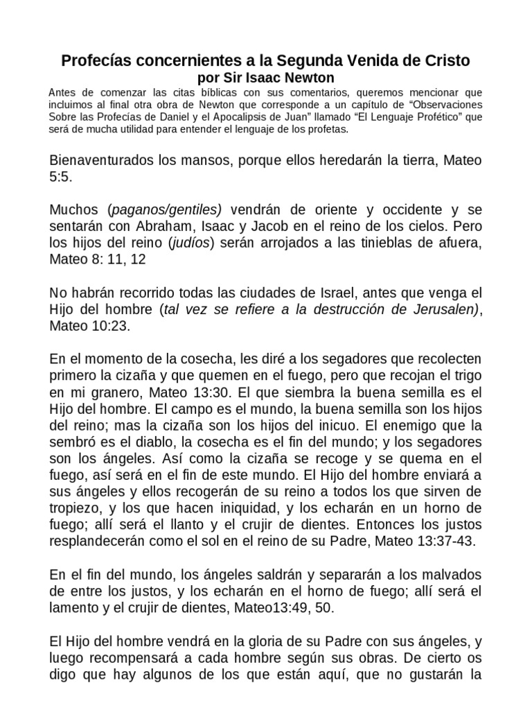 Profecías Sobre La Segunda Venida de Cristo Más Apéndice by Newton PDF ...