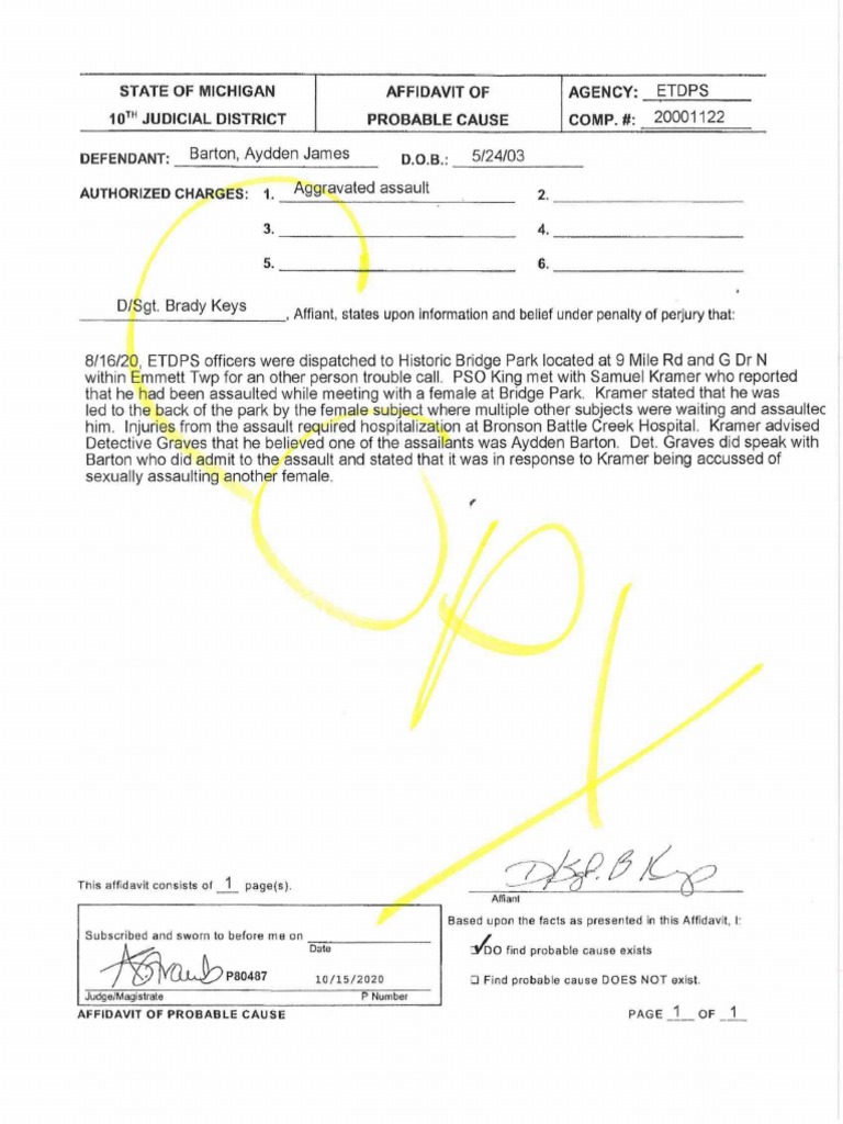 Affidavit of Probable Cause Calhoun County District Court PDF