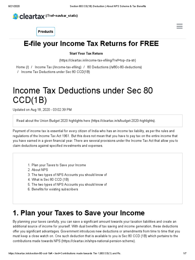 Understanding Section 80CCD(1B) Deductions | PDF | Government Finances ...
