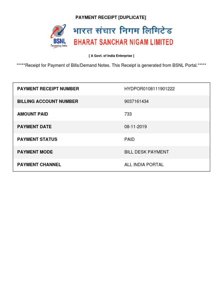 Receipt For Payment of Bills/Demand Notes. This Receipt Is Generated ...