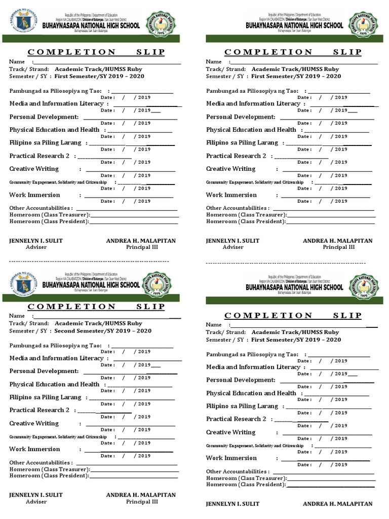 Completion Slip Completion Slip: Jennelyn I. Sulit Jennelyn I. Sulit ...