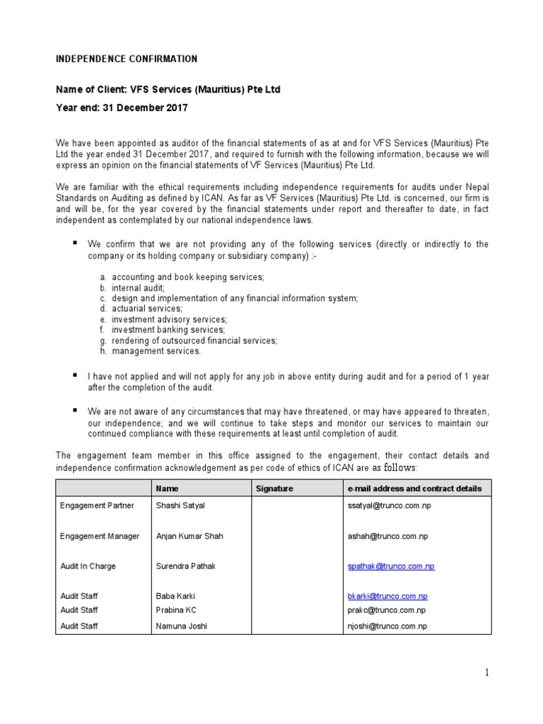 Auditor Independence Confirmation Letter | PDF | Audit | Financial ...