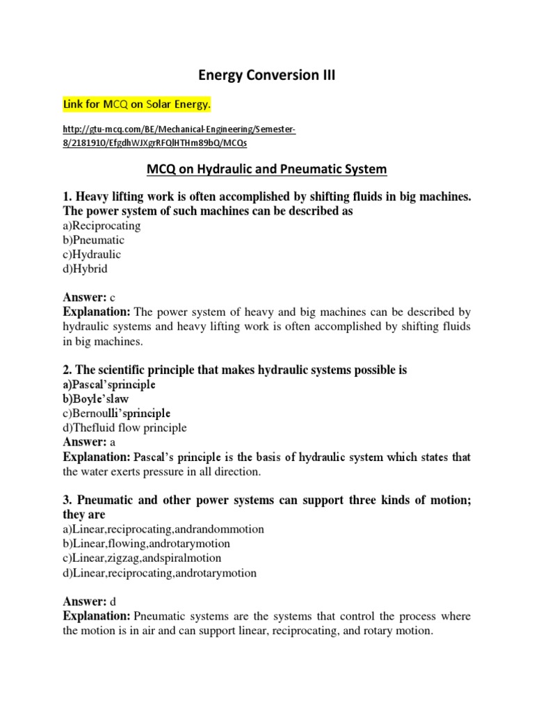 Energy Conversion III MCQ On Hydraulic and Pneumatic System Download