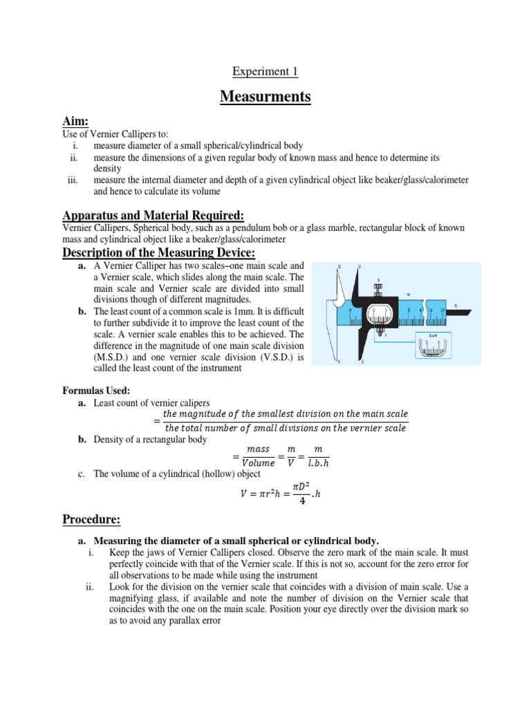 Experiment 1 Vernier Callipers PDF PDF Length Scientific Observation