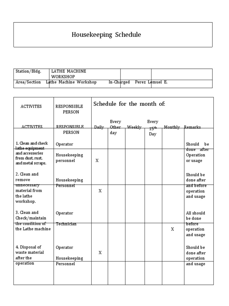 Housekeeping Schedule: Schedule For The Month of | PDF | Scrap ...