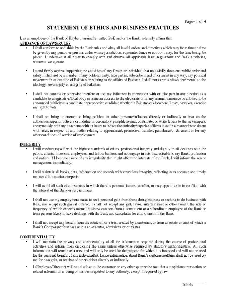 Bank of Khyber Ethics Statement | PDF | Business Ethics | Banks