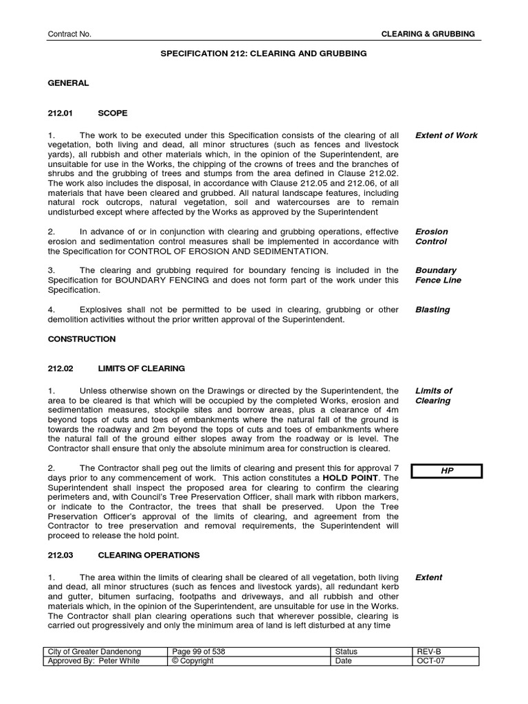 Specification 212: Clearing and Grubbing: Contract No | PDF | Erosion ...