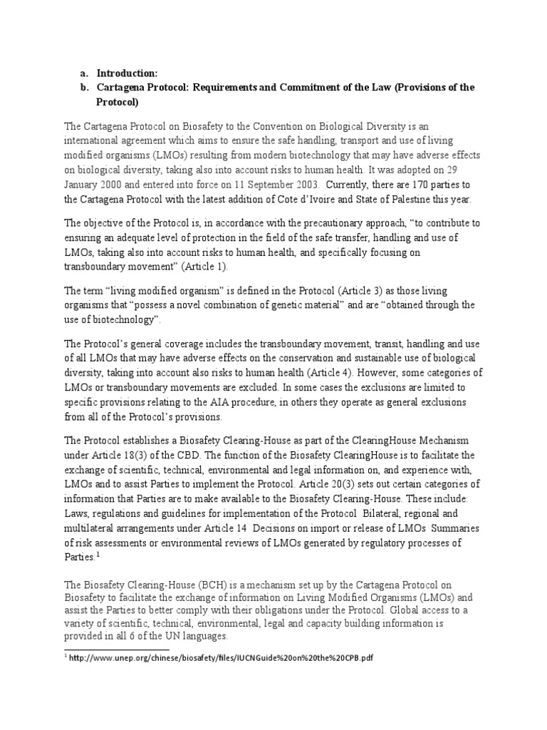 A. Introduction B. Cartagena Protocol Requirements and Commitment of