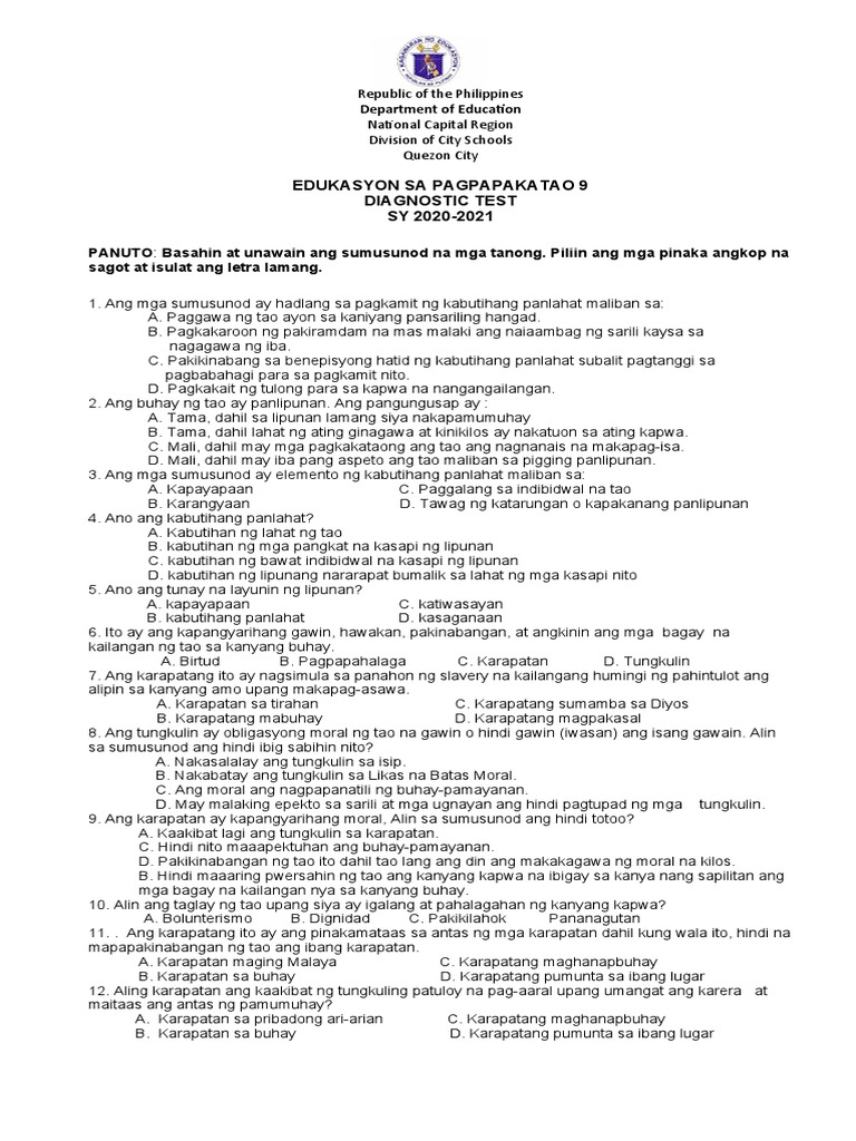EsP GR 9 Diagnostic Test F | PDF