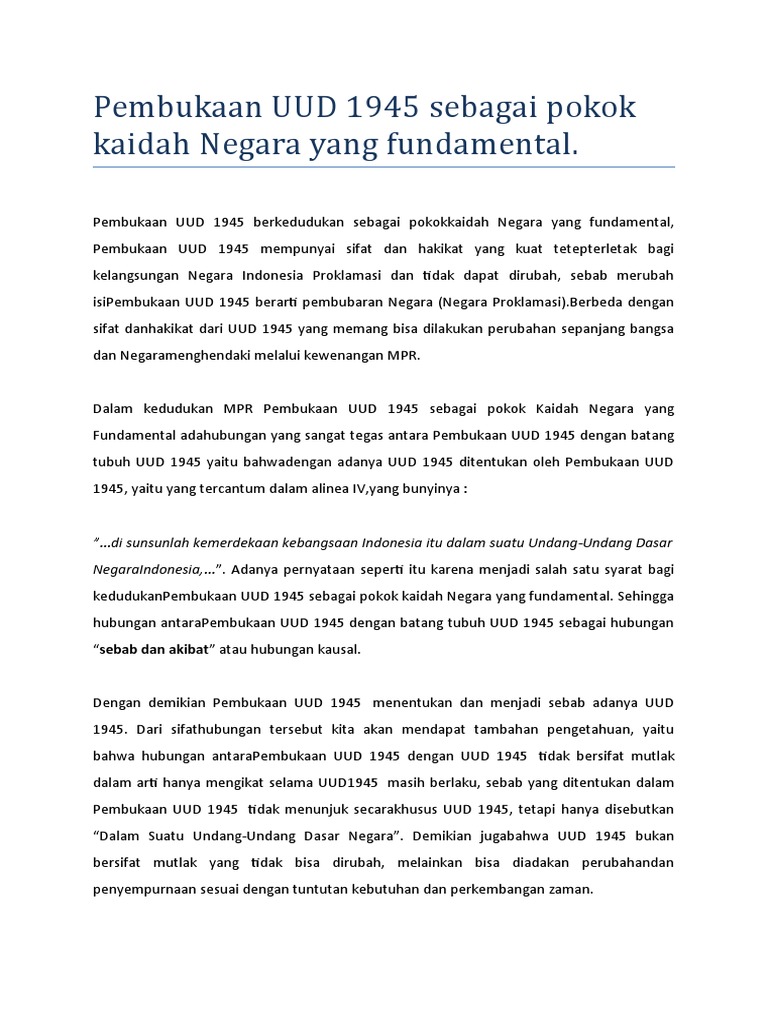 Pembukaan UUD 1945 sebagai pokok kaidah Negara yang