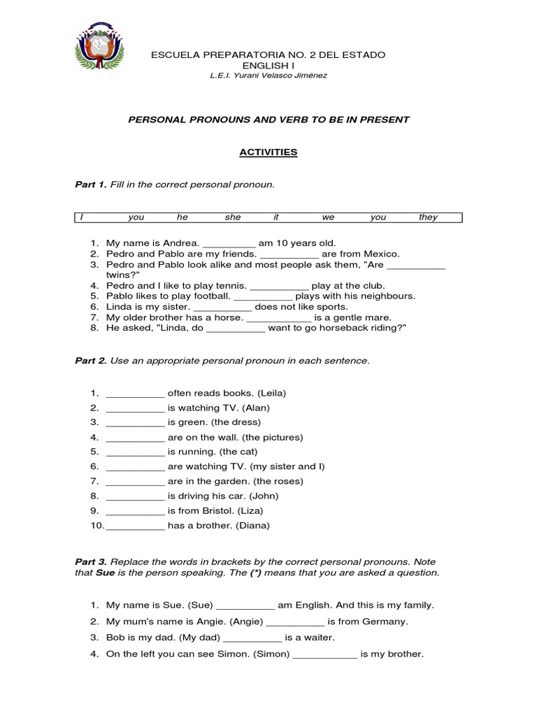 English 1 (Personal Pronouns and Verb To Be in Present) Activities PDF ...