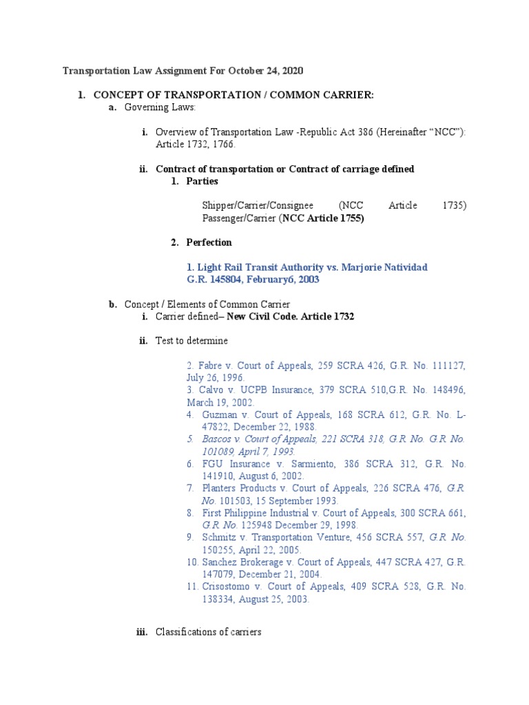 Transportation Law Assignment Overview | PDF | Common Carrier | Civil ...