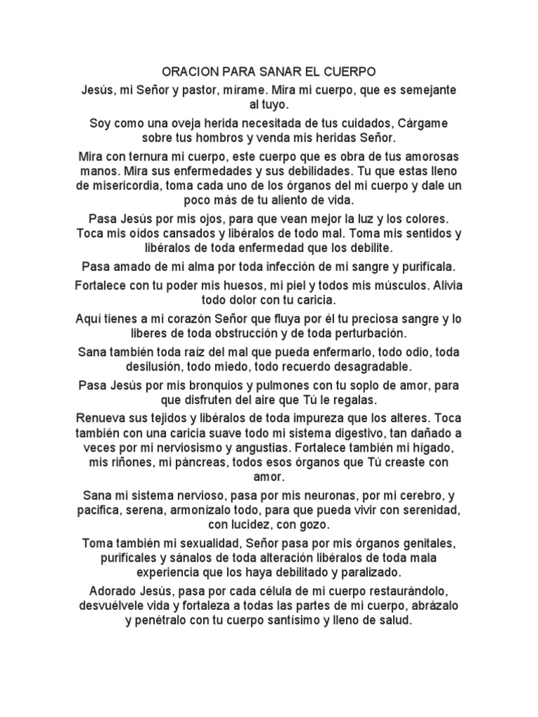 Oracion para Sanar El Cuerpo | PDF | Anatomía | Especialidades Medicas