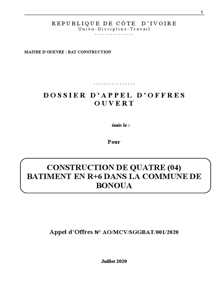 Page De Garde Registre D appel Dao Immeuble R+6 | PDF | Appel d'offres | Mortier (matériau)
