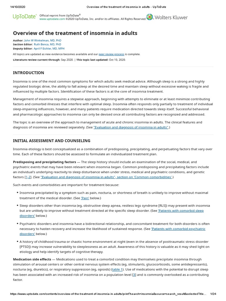 Overview of The Treatment of Insomnia in Adults UpToDate Download