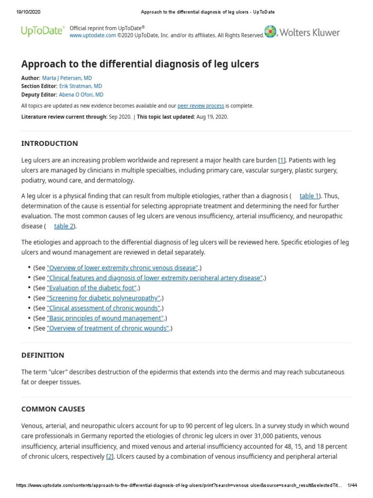 Approach To The Differential Diagnosis of Leg Ulcers - UpToDate | PDF ...