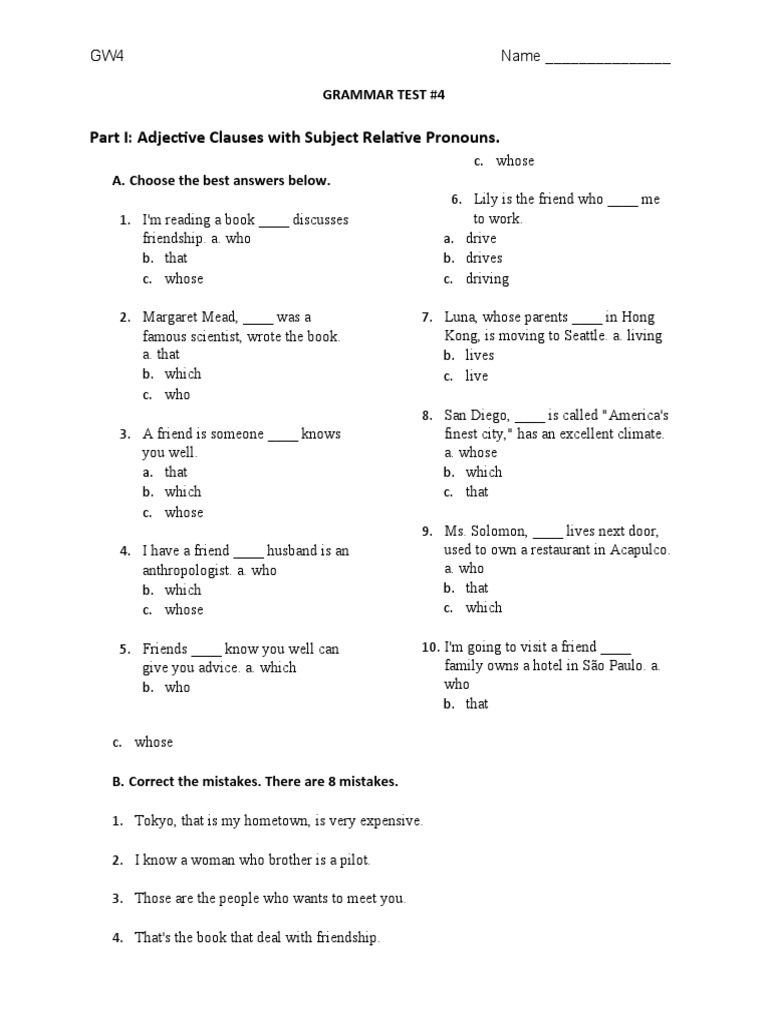 Part I Adjective Clauses With Subject Relative Pronouns Grammar Test