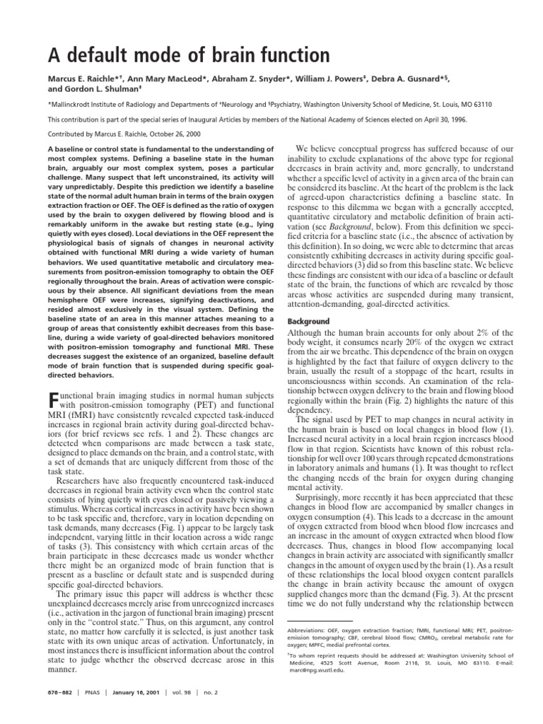 Marcus E. Raichel Et Al. - A Default Mode of Brain Function PDF | PDF ...