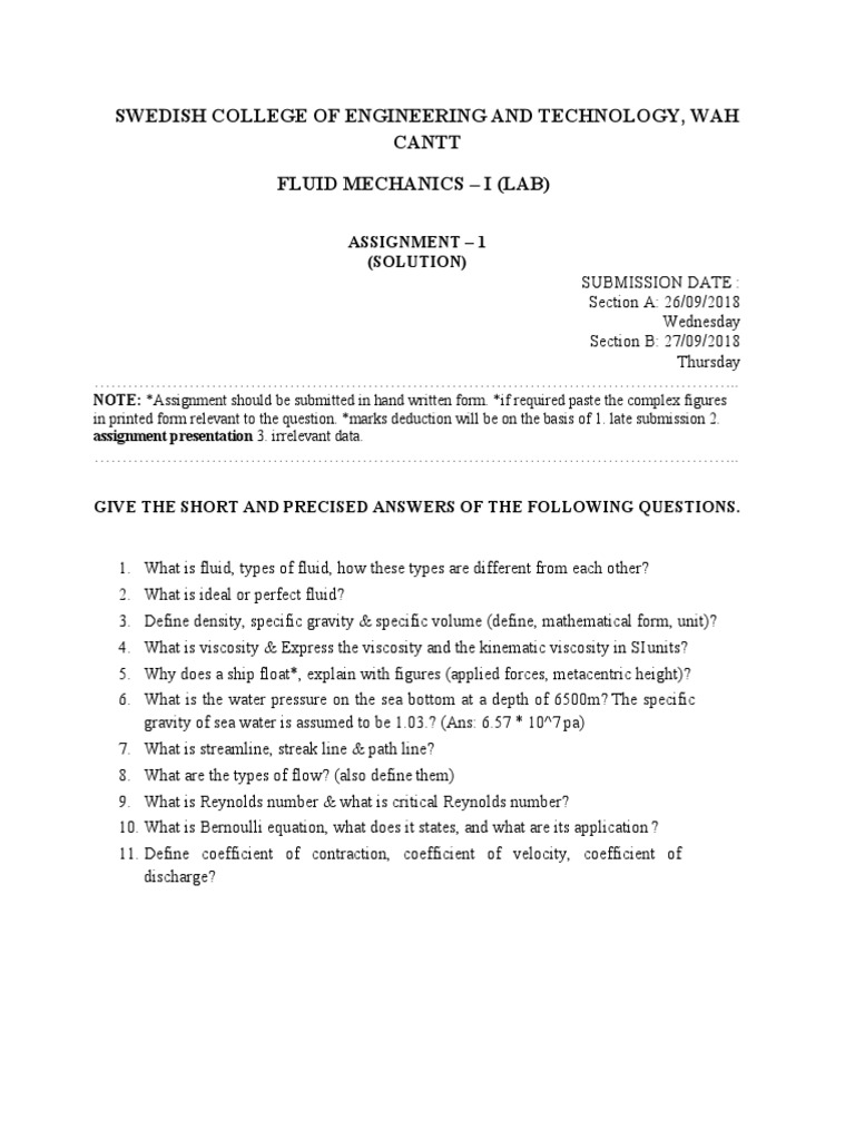 Concise Answers to Fluid Mechanics Laboratory Assignment Questions
