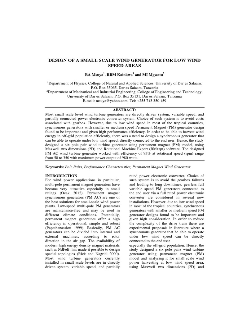 Design of A Small Scale Wind Generator For Low Wind Speed Areas | PDF ...