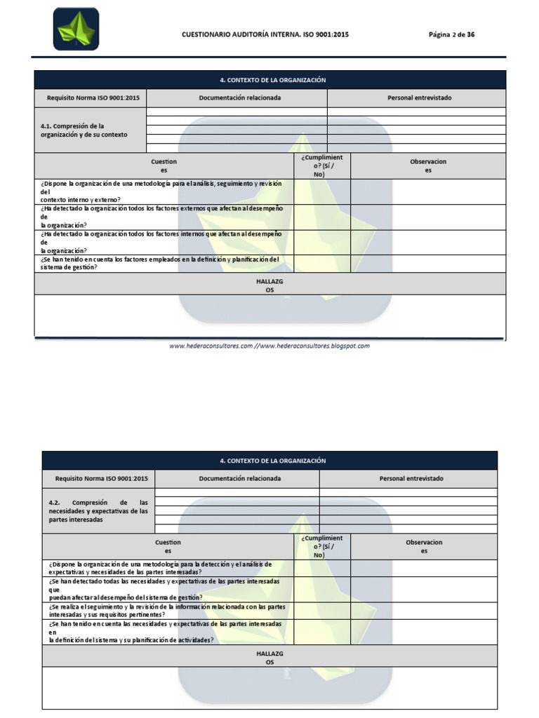 Check List Auditoria ISO 9001 2015 | PDF | Gestión de la calidad ...