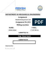 Department of Mechanical Engineering Assignment Assignment No (02) Milling Machine Name: # Reg