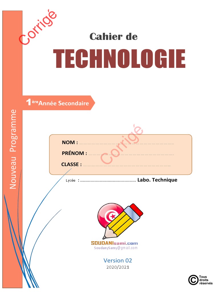 Page De Garde Cahier De Technologie Correction Du Cahier 1AS - 2021 PDF | PDF | Dessin technique | Vis de  fixation