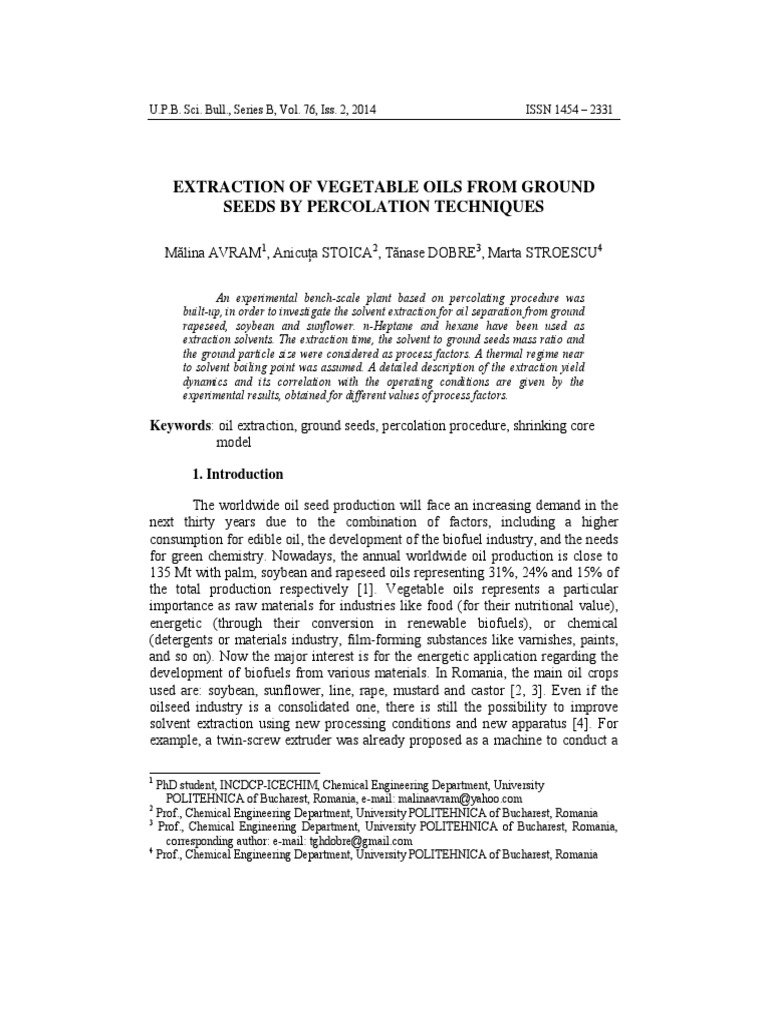 Extraction of Vegetable Oils From Ground Seeds by Percolation