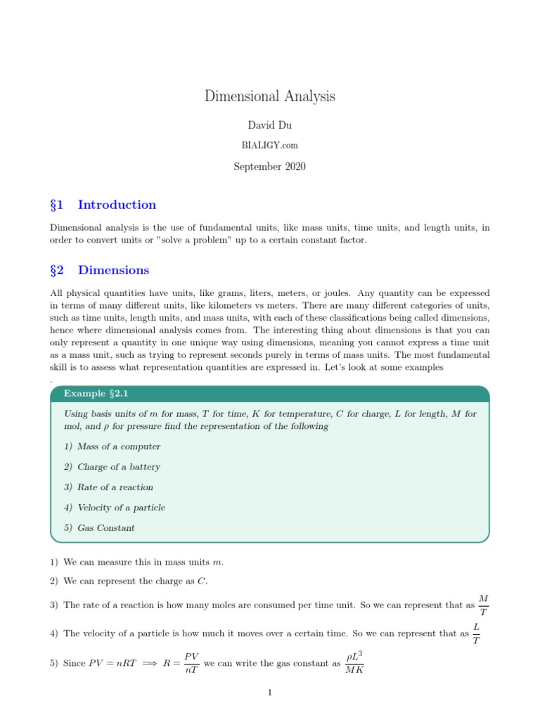 Dimensional Analysis PDF Teaching Mathematics Mechanics
